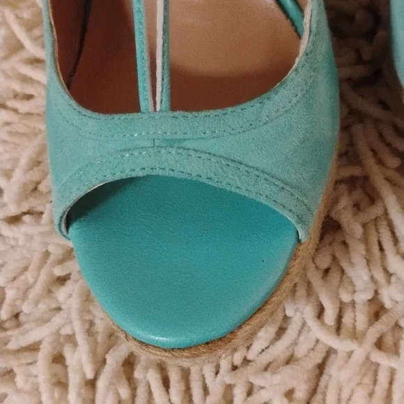 Trina Turk Turquoise Suede Leather Lace up Ankle Wrap Wedge Sandals - Picture 4 of 12